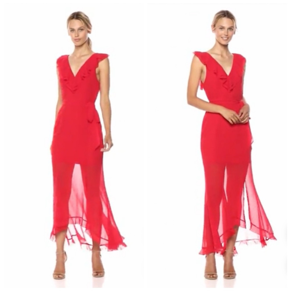 C/Meo Collective Elude Midi Dress Ruffle Sheer Red S Sleeveless Gown Chiffon